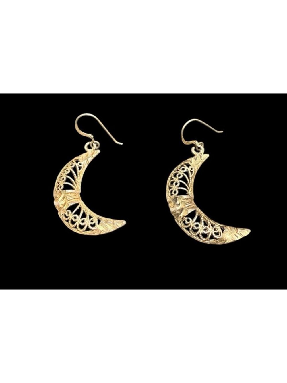 Vintage Sterling Silver Crescent Moon Scrollwork Earrings Filigree Dangle